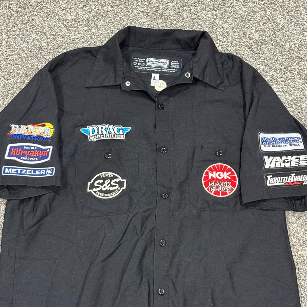 Y2K Throttle Threads Racing Mechanic Shirt Drag Specialties Patches Mens Large - Picture 2 of 7